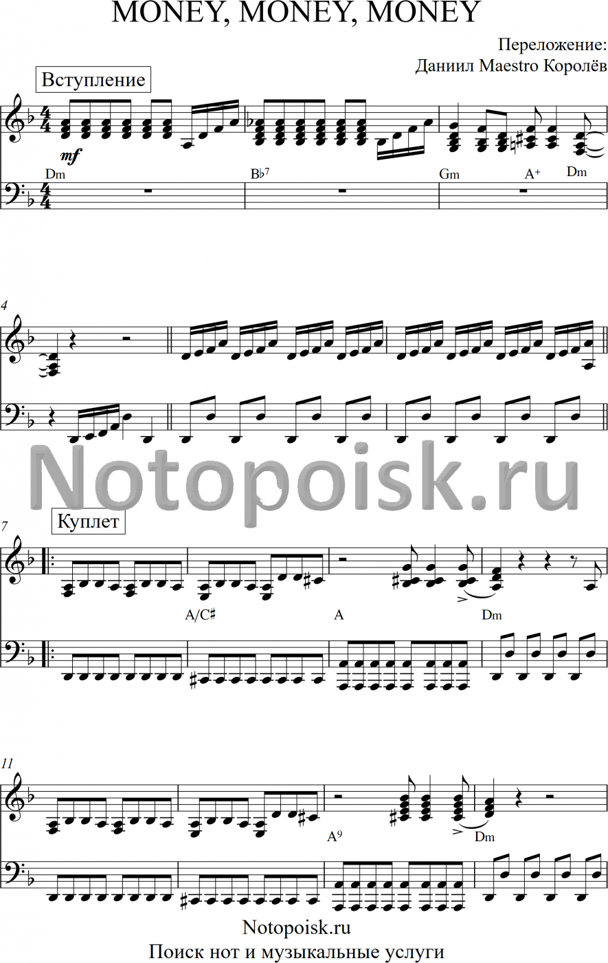 Ноты Money, Money, Money, для фортепиано обложка — Нотопоиск.ru